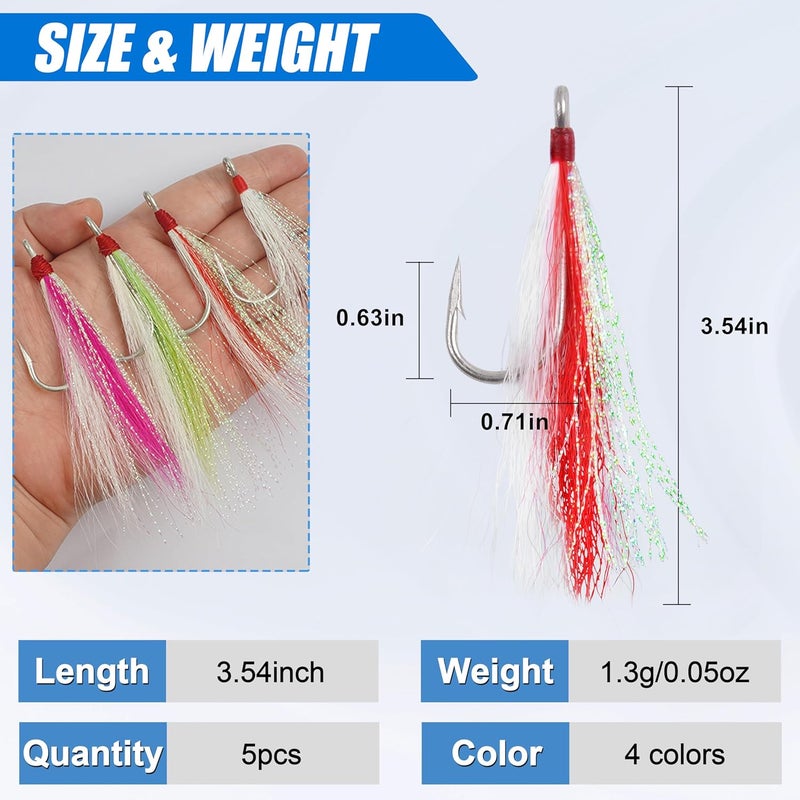 FUSIGO Fishing Bucktail Teasers Hooks Saltwater Flounder Rigs Bottom Rigs Stainless Steel Hook Bucktail Mylar Flash Teasers for Snapper Catfish Cod Flounder Hi-Lo Rigs - Image 3